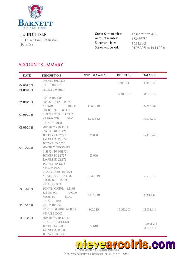 Dominica Barnett Capital bank statement in Word and PDF format